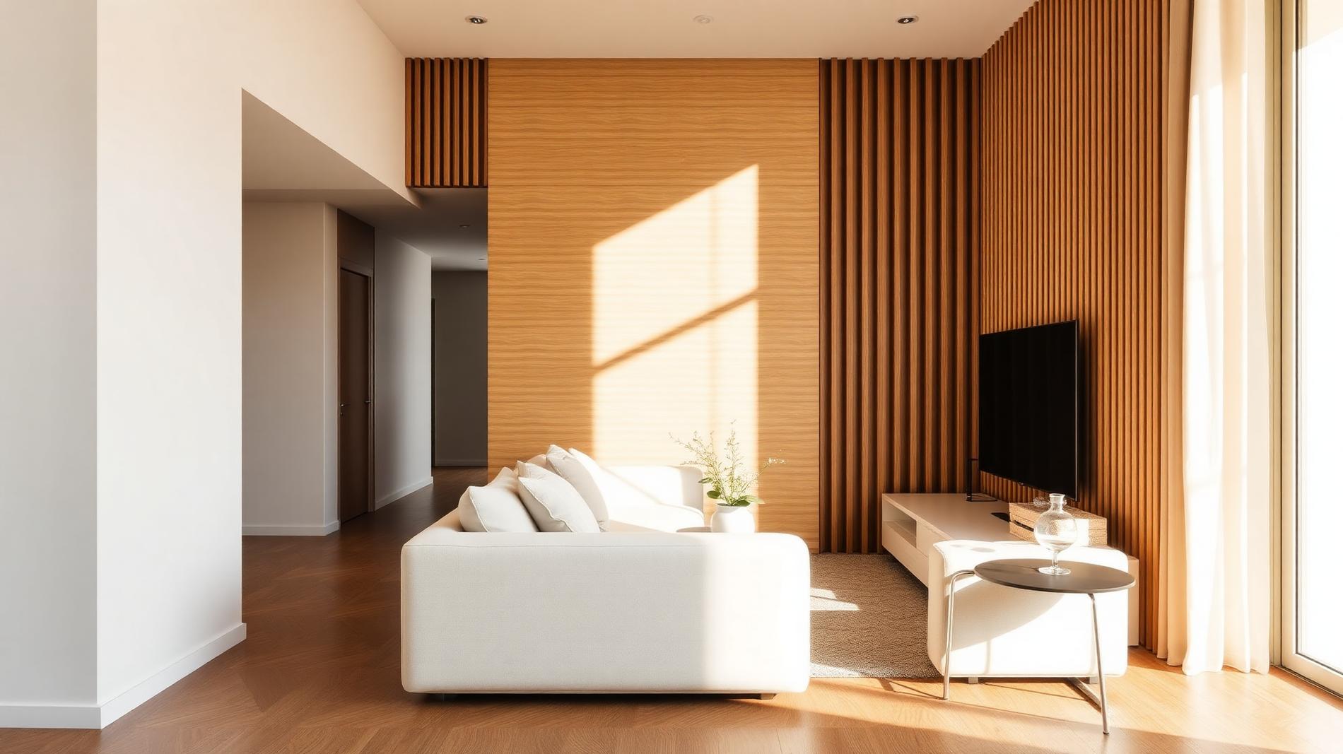 Interno di appartamento moderno con parete a doghe di legno